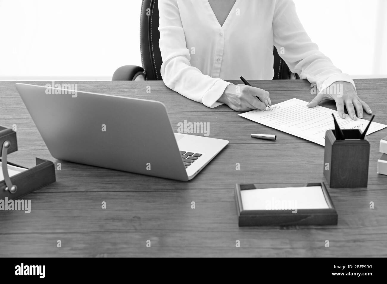 Donna d'affari di successo che lavora con i documenti in ufficio. Stile retrò Foto Stock
