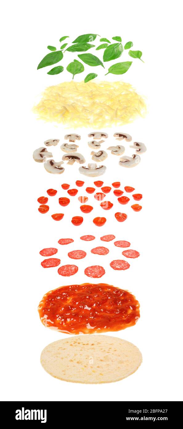 Strati di pizza isolati su bianco Foto Stock