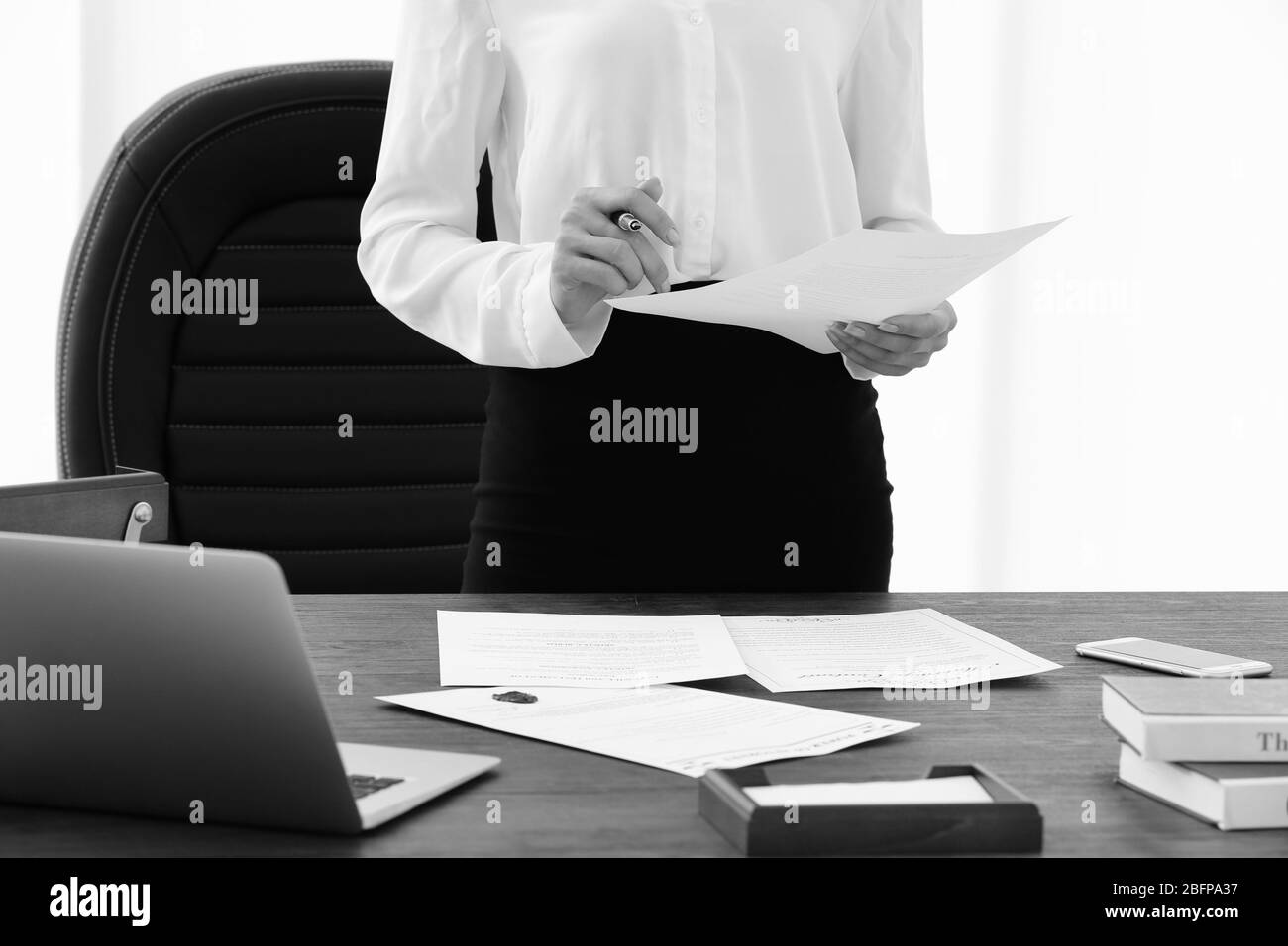 Donna d'affari di successo che lavora con i documenti in ufficio. Stile retrò Foto Stock