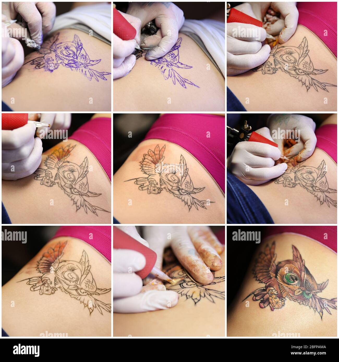 Processo di fare tatuaggio, closeup. Collage Foto Stock