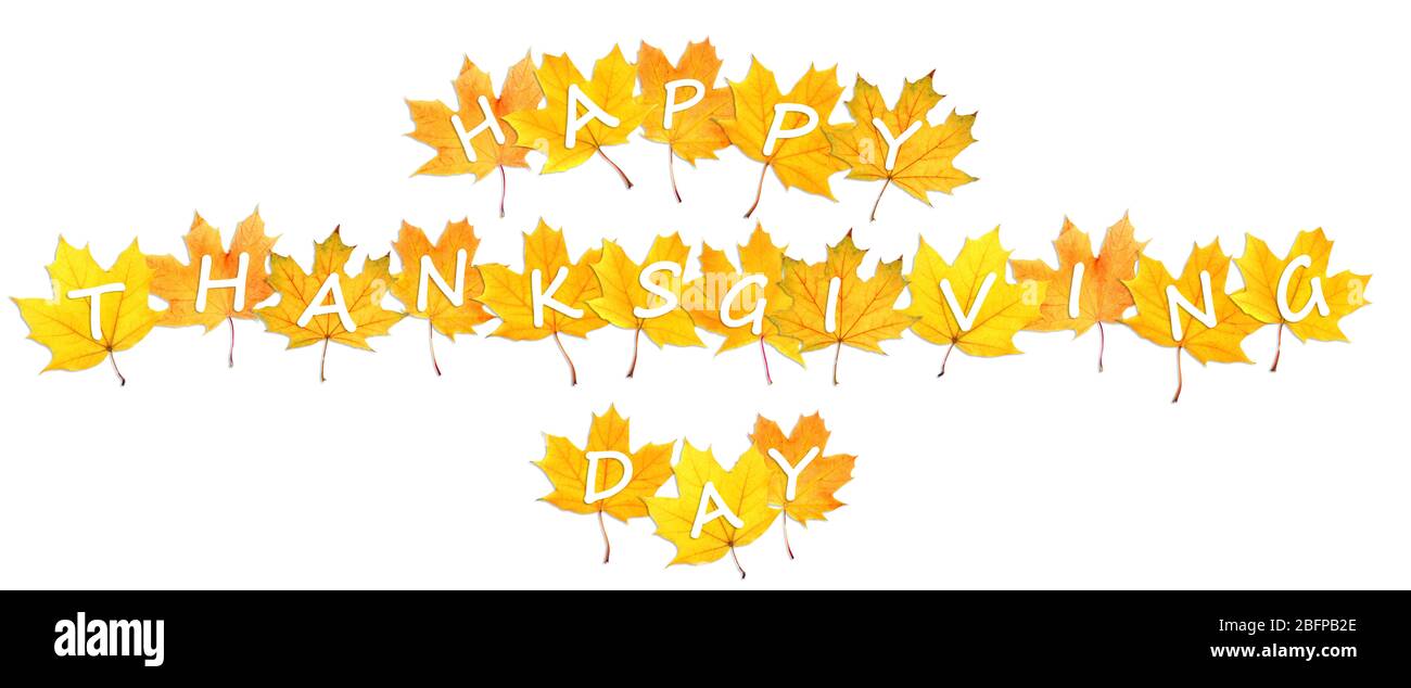 Buon giorno del Ringraziamento. Autunno foglie con testo isolato su bianco Foto Stock