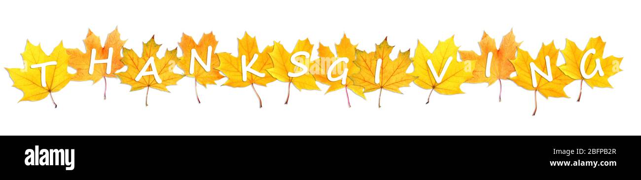 Buon giorno del Ringraziamento. Autunno foglie con testo isolato su bianco Foto Stock