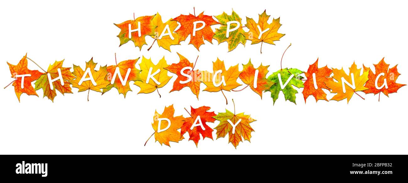 Buon giorno del Ringraziamento. Autunno foglie con testo isolato su bianco Foto Stock
