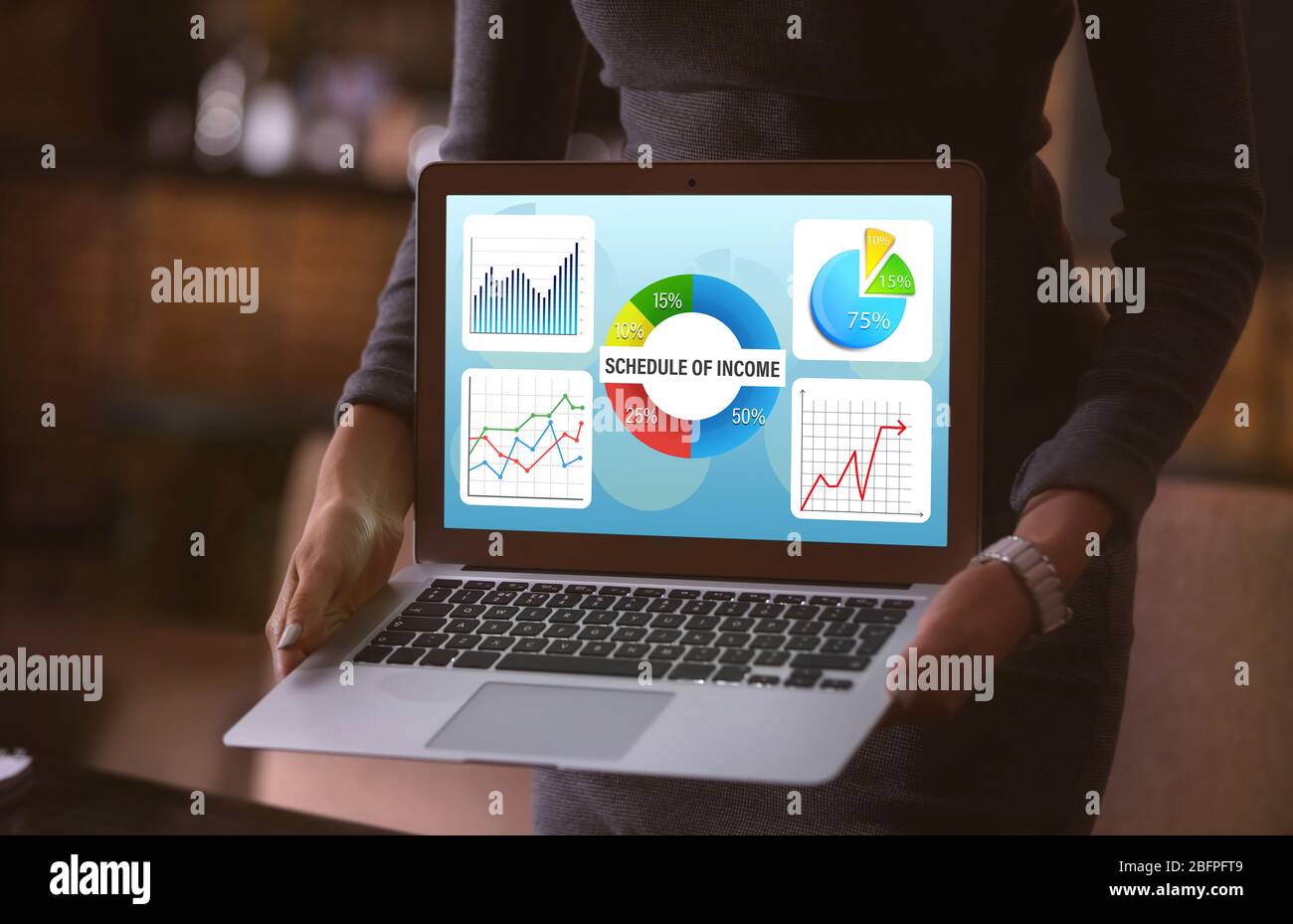 Concetto di marketing. Donna con un notebook. Programma di reddito e informazioni aziendali sullo schermo Foto Stock