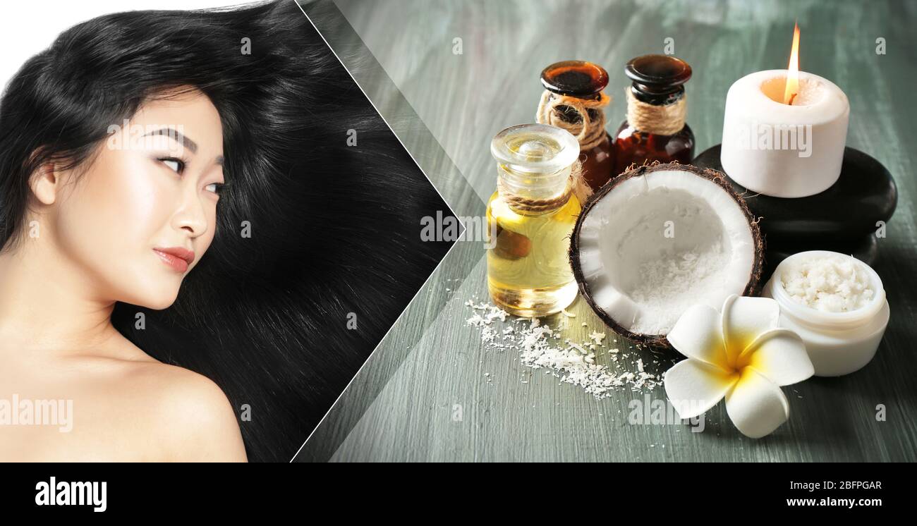 Olio di cocco per capelli. Giovane donna e cosmetico come sfondo Foto Stock