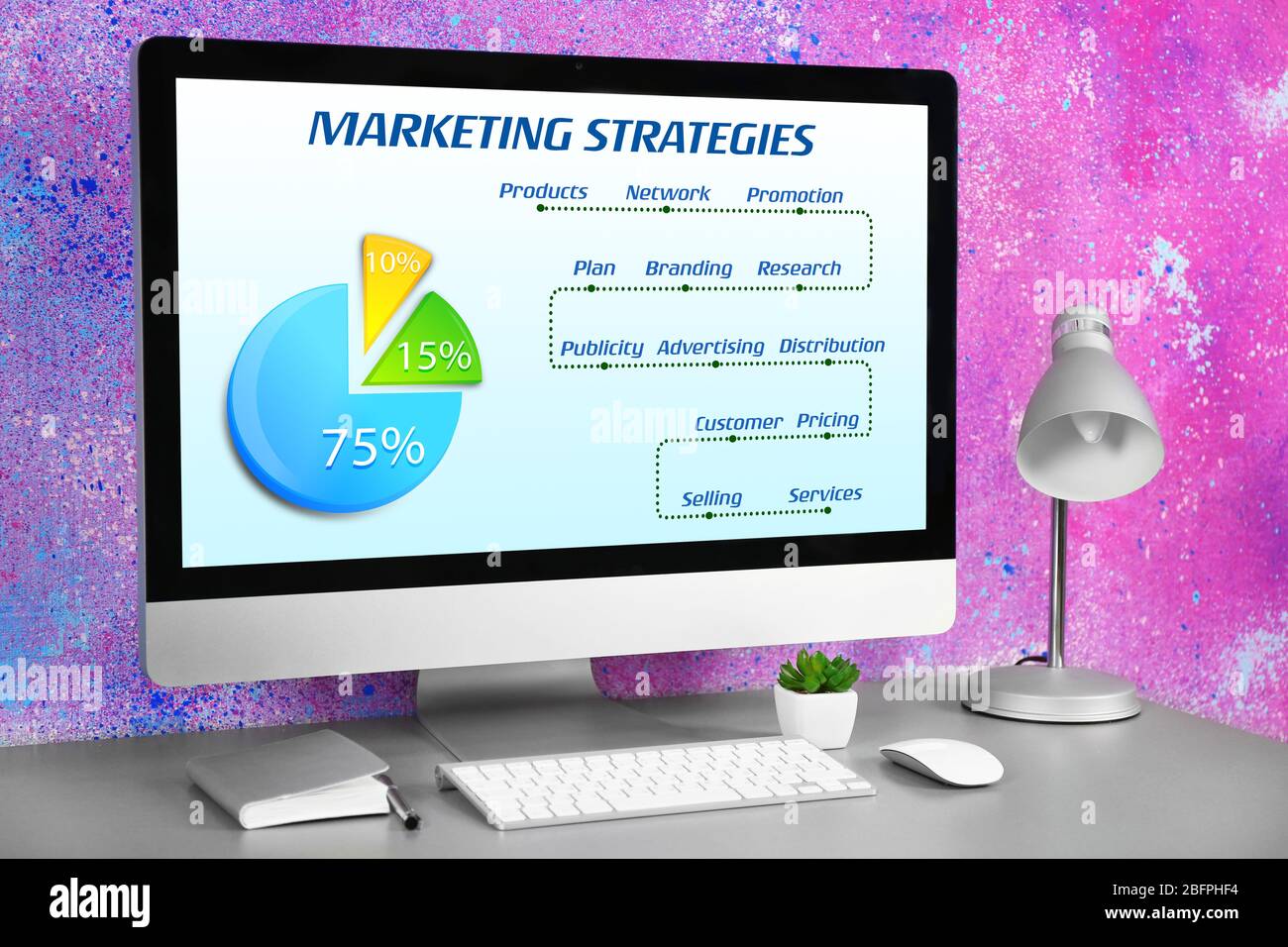 Ambiente di lavoro moderno con computer e schema DI STRATEGIE DI MARKETING sullo schermo Foto Stock