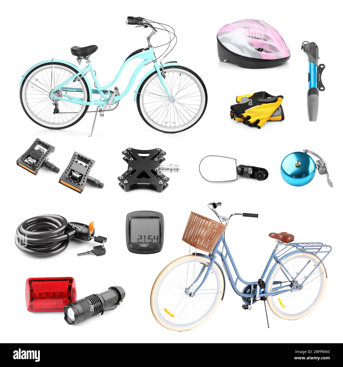 Biciclette con parti ed accessori su sfondo bianco Foto Stock