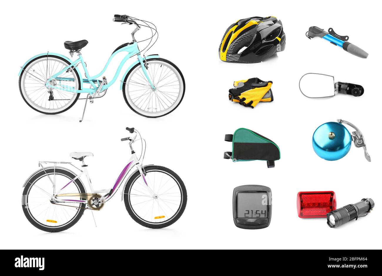 Biciclette con parti ed accessori su sfondo bianco Foto Stock