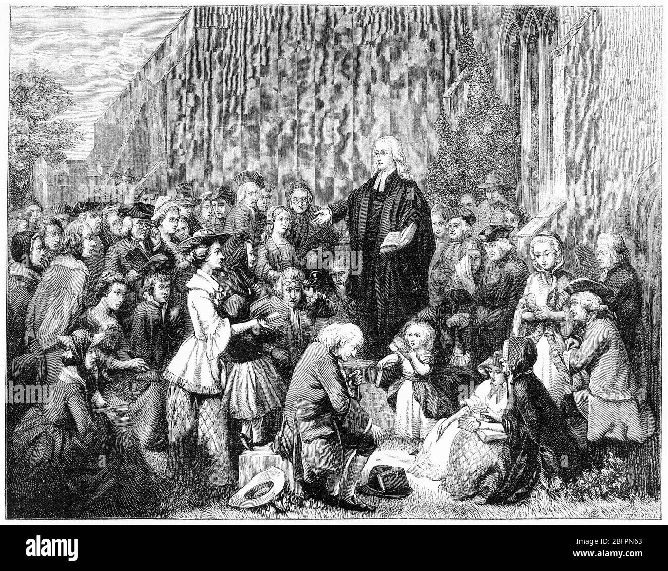 Incisione della predicazione di John Wesley sulla lapide del padre in Epworth churchyward; Lincolnshire, Inghilterra. Circa 1770 Foto Stock
