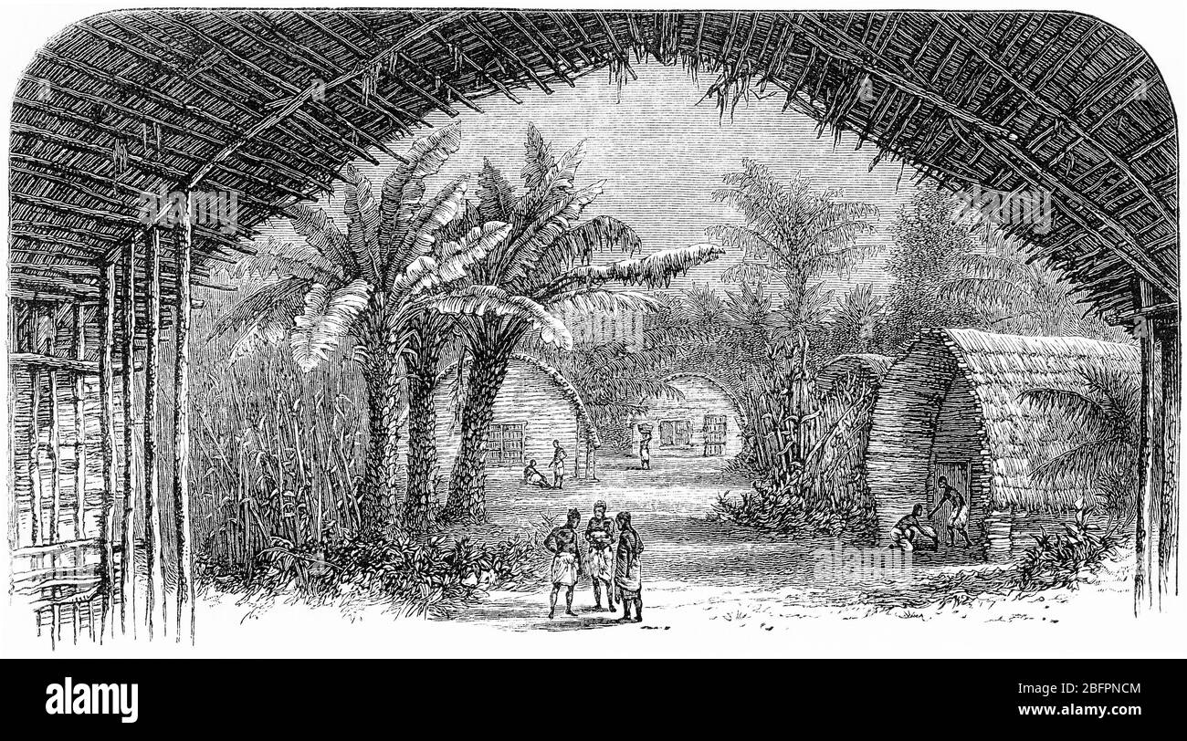 Incisione di un villaggio nel Congo d'Africa Foto Stock Incisione di un villaggio nel Congo d'Africa Foto Stock
