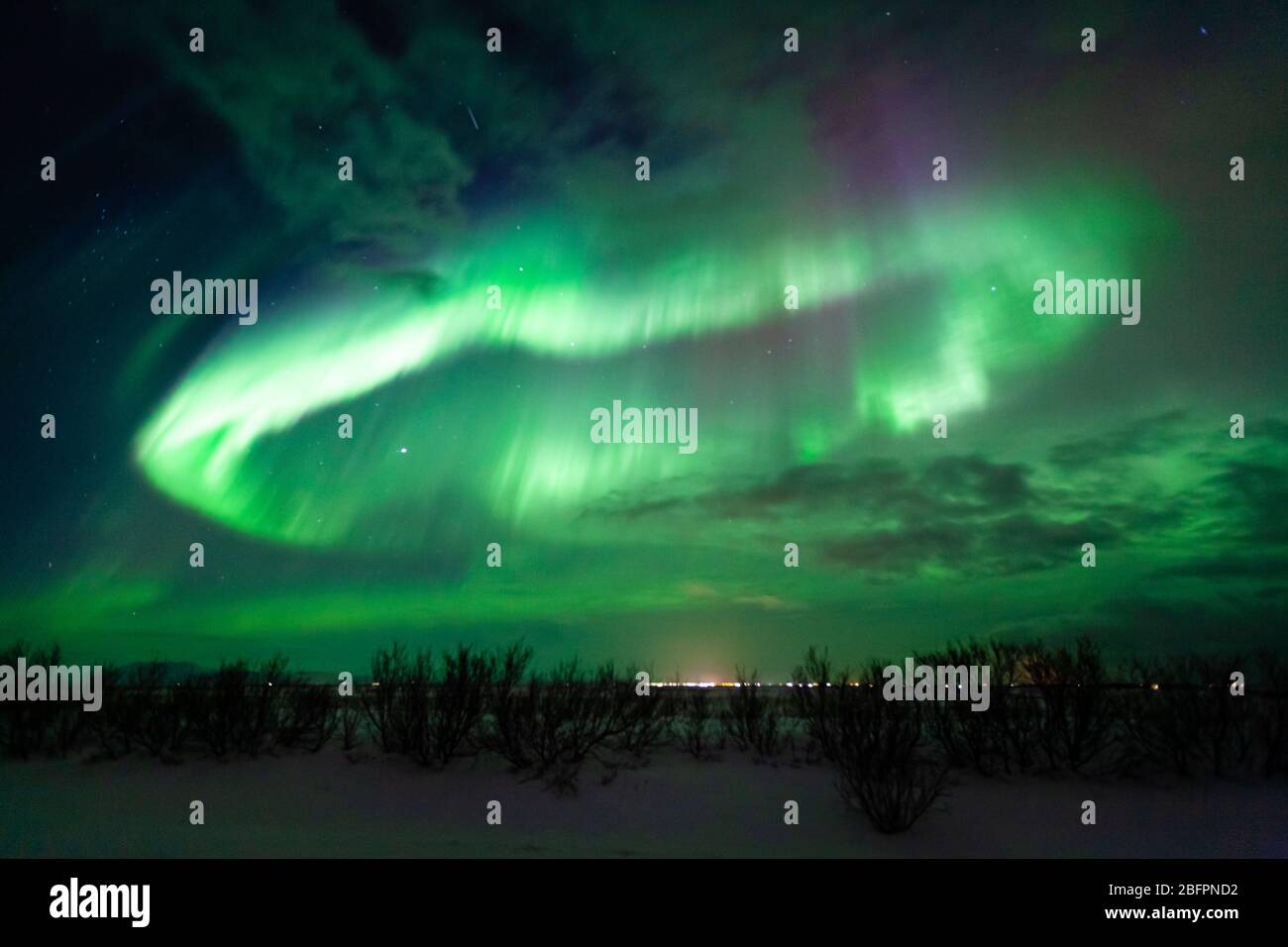 Aurora boreale o aurora boreale che mostra verde e rosa con stelle che mostrano nell'Islanda meridionale Foto Stock