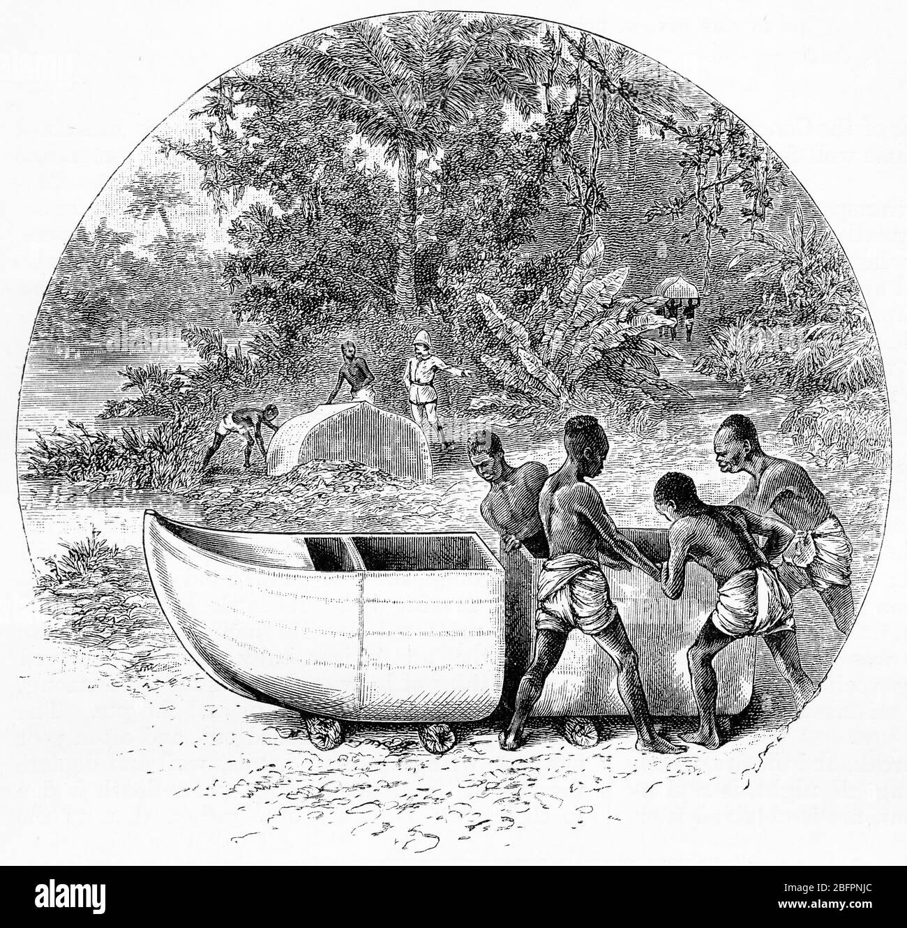 Incisione di nativi del Congo in Africa assemblaggio di sezioni di una barca missionaria, la Plymouth, circa 1880 Foto Stock