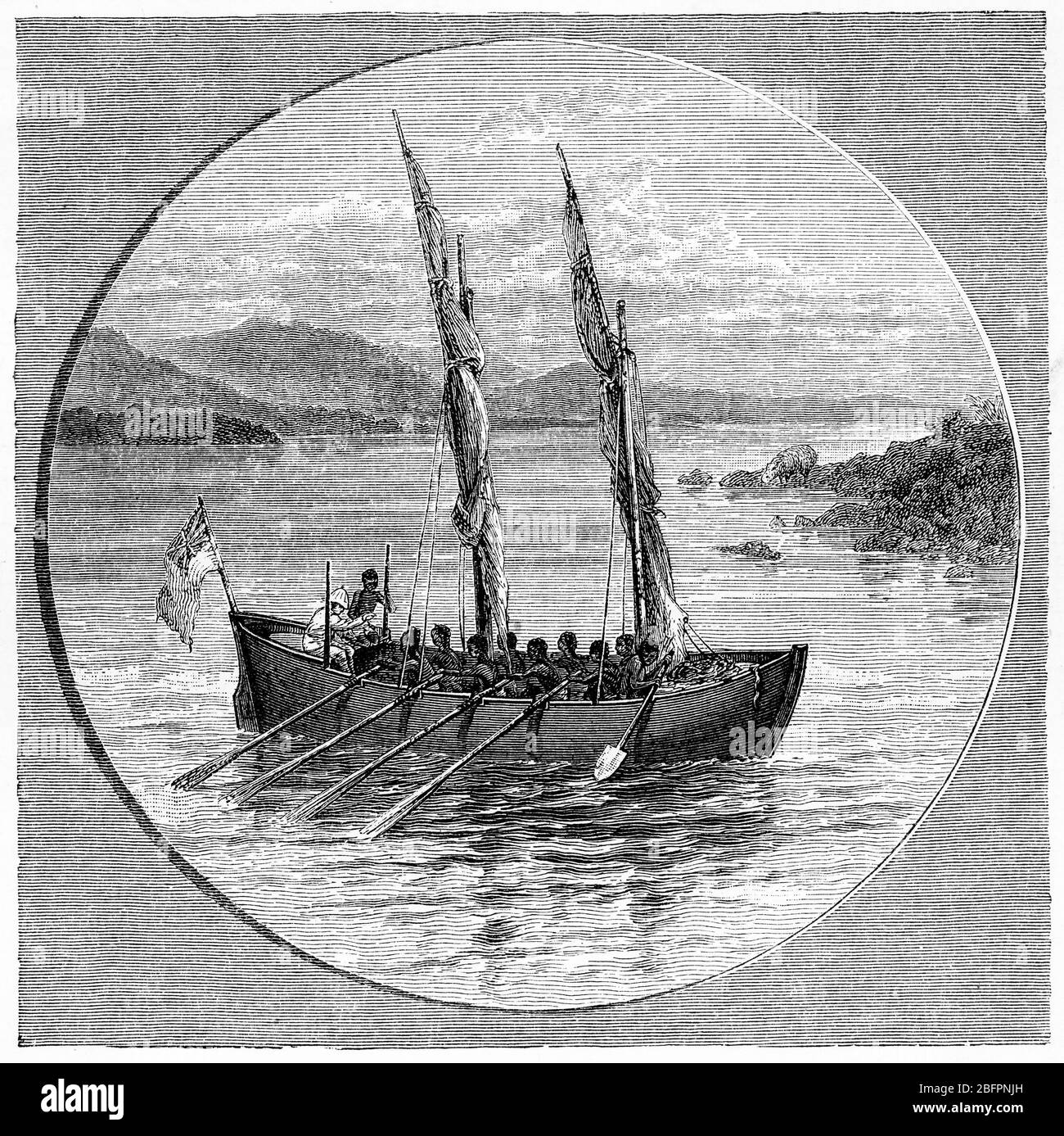 Incisione di nativi del Congo in Africa lancio di una barca missionaria, la Plymouth, circa 1880 Foto Stock