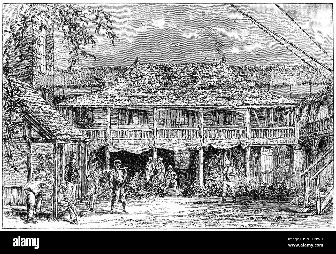 Incisione del forte a Toamasina o Tamatave, capitale della regione Atsinanana sulla costa orientale del Madagascar sull'Oceano Indiano, circa 1870 Foto Stock