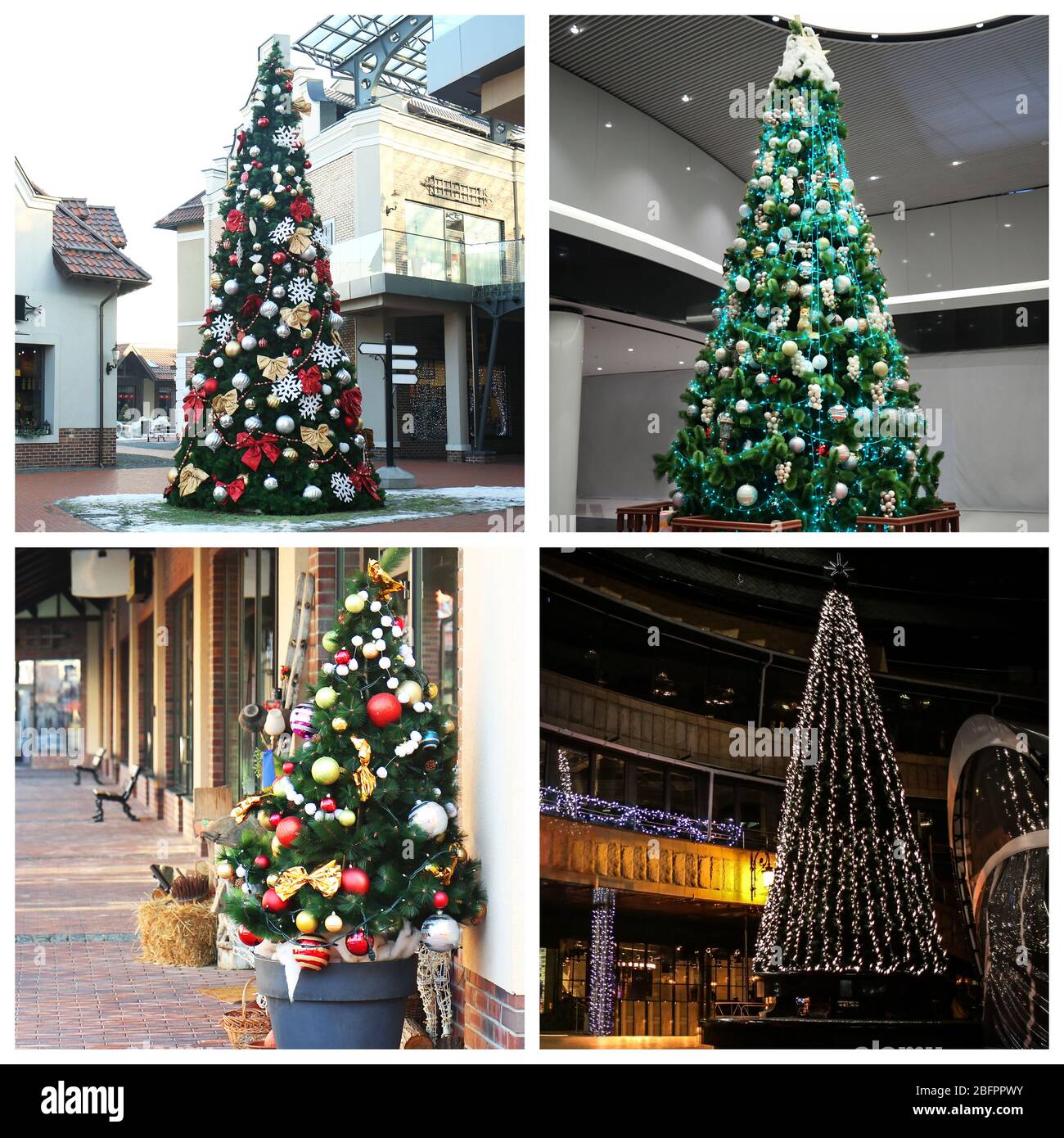 Collage di bellissimi alberi di Natale. Idee alla moda per un arredamento festivo Foto Stock