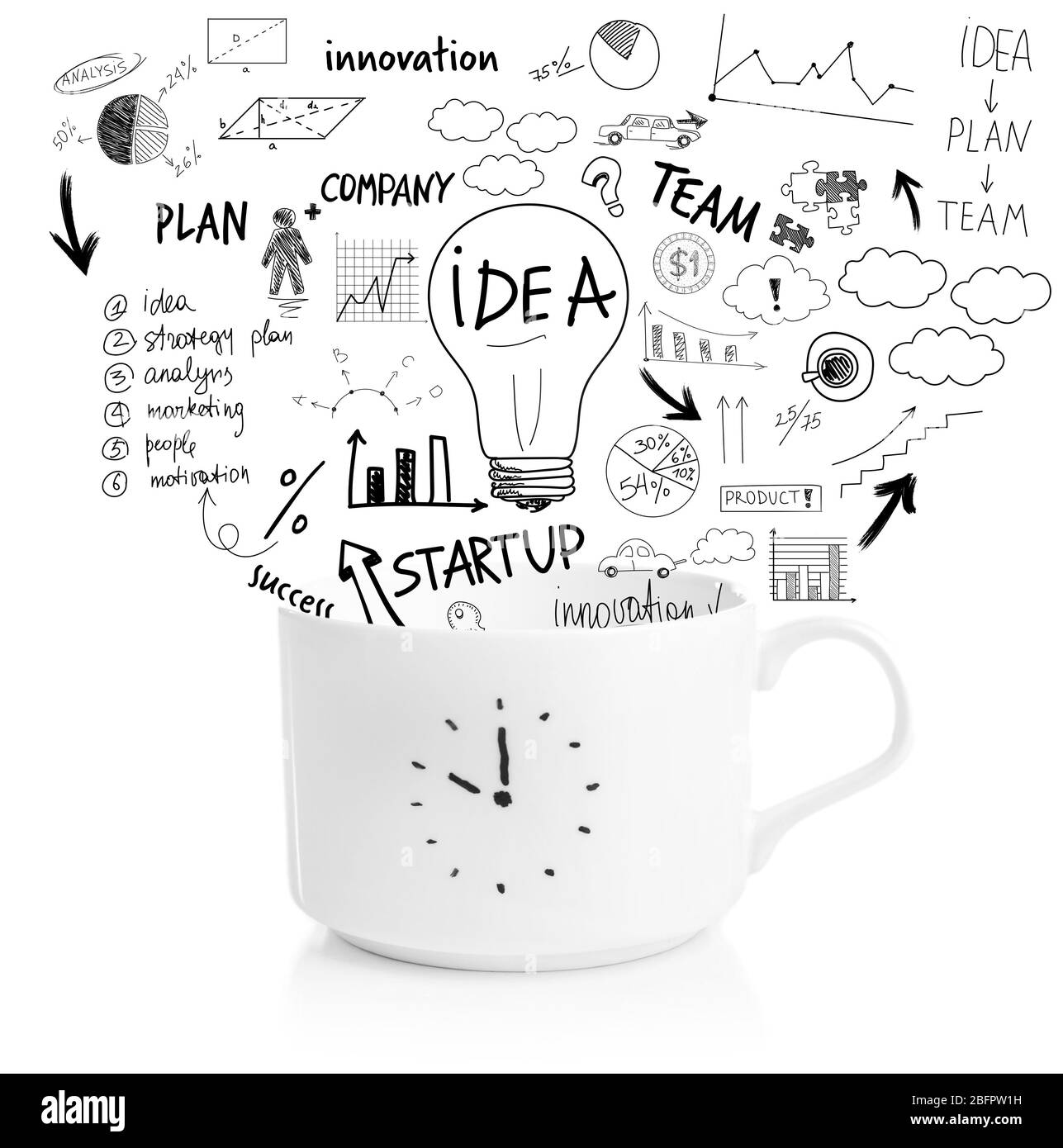 Coppa e schizzi di idee aziendali su sfondo bianco Foto Stock