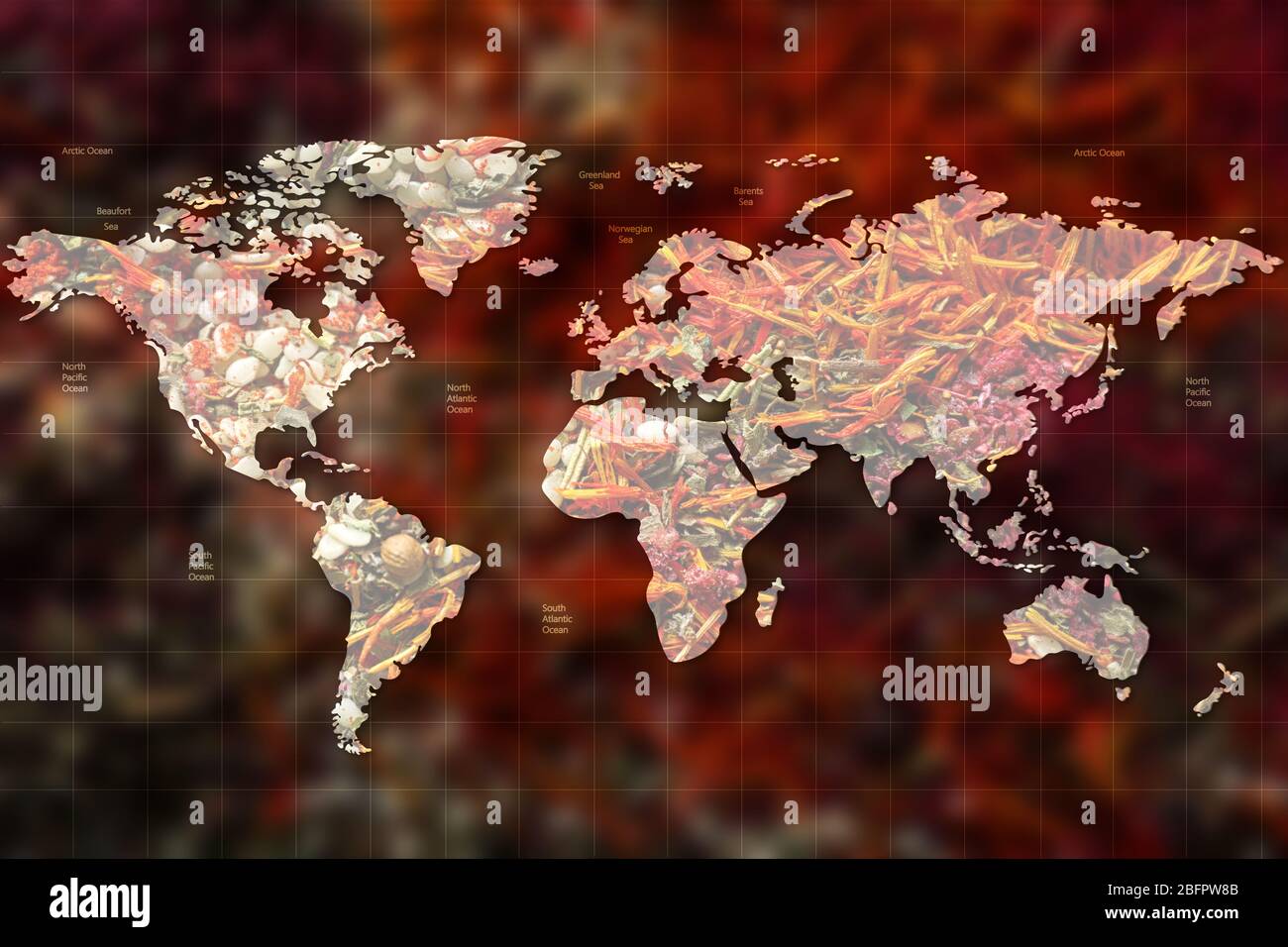 Mappa del mondo e spezie diverse sullo sfondo. Concetto logistico e all'ingrosso Foto Stock