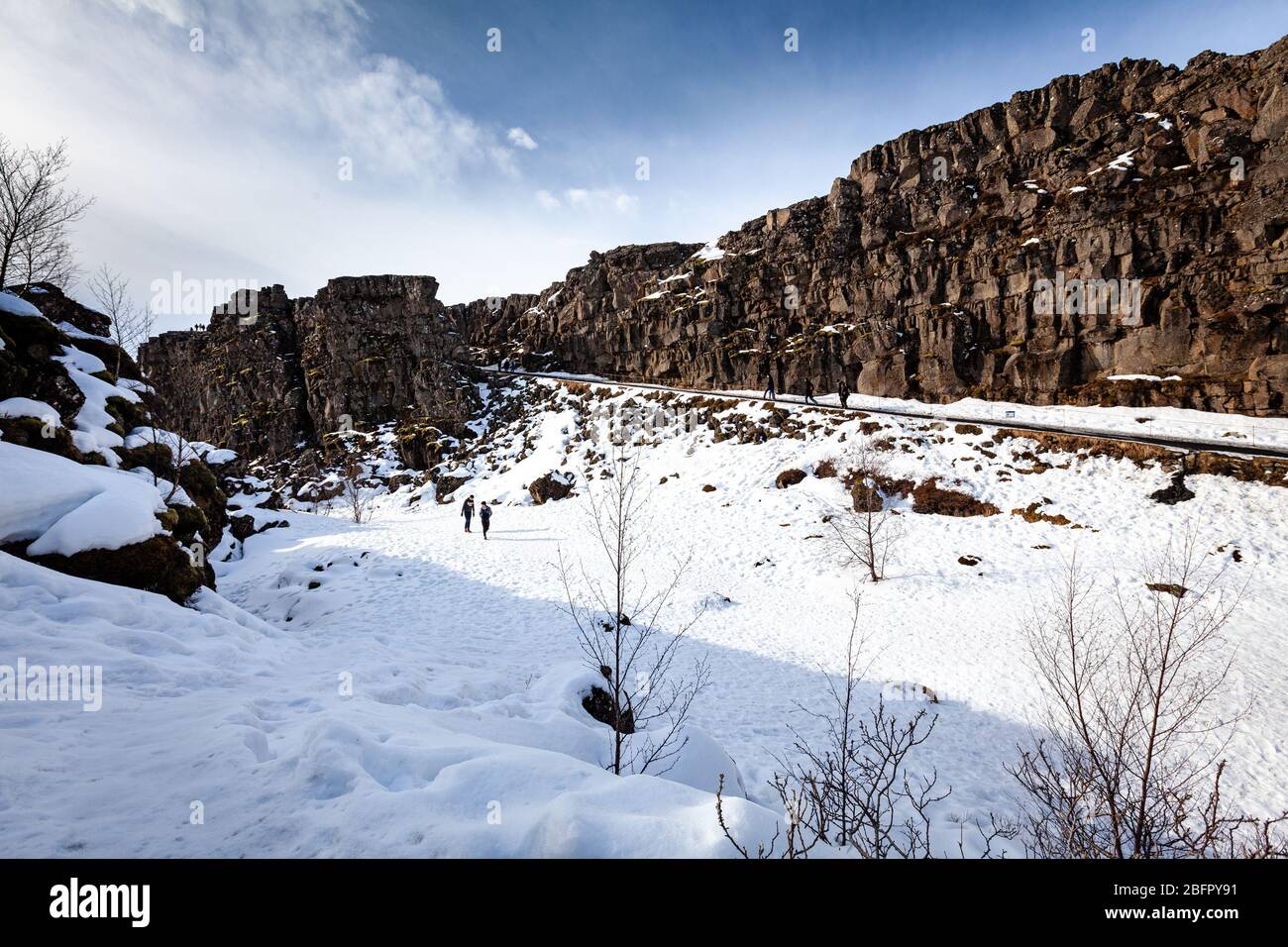 Le scogliere della linea di faglia Almannagja nella cresta medio-atlantica nel Parco Nazionale di Thingvellir (Þingvellir) nel sud-ovest dell'Islanda nella neve in inverno Foto Stock
