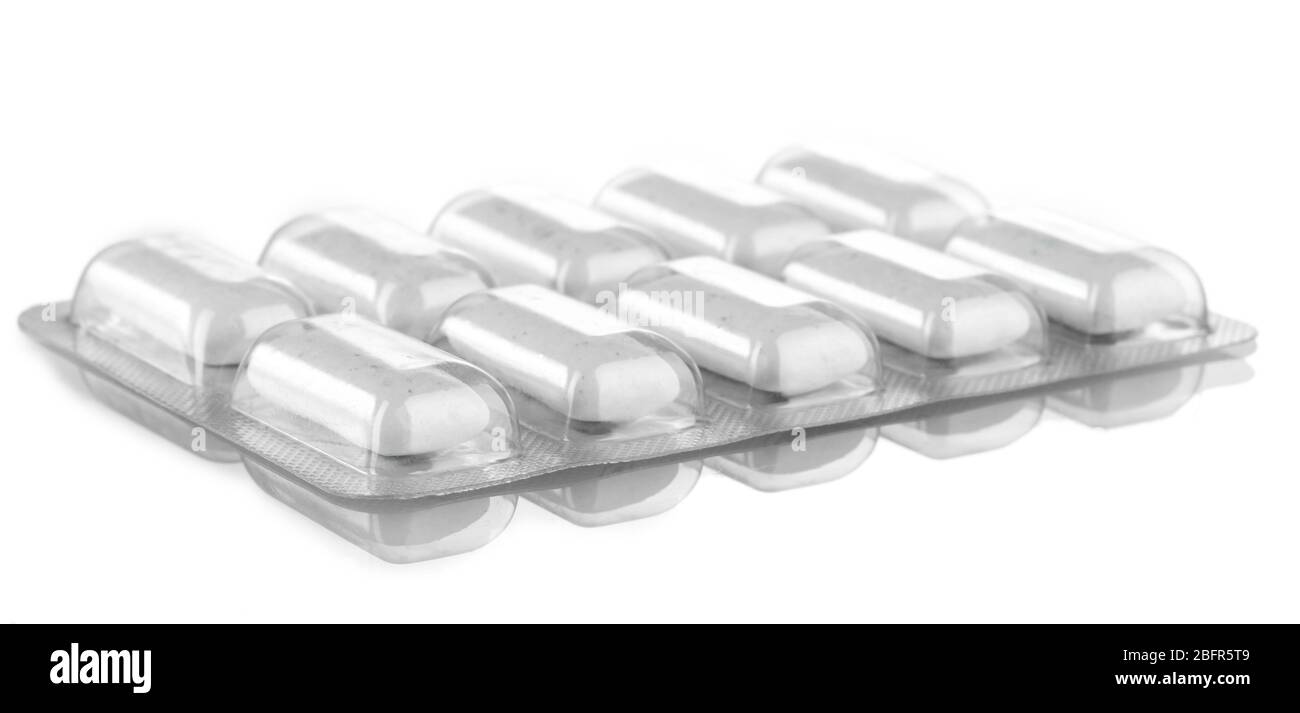 Blister con 10 gomme da masticare, isolato su bianco Foto Stock