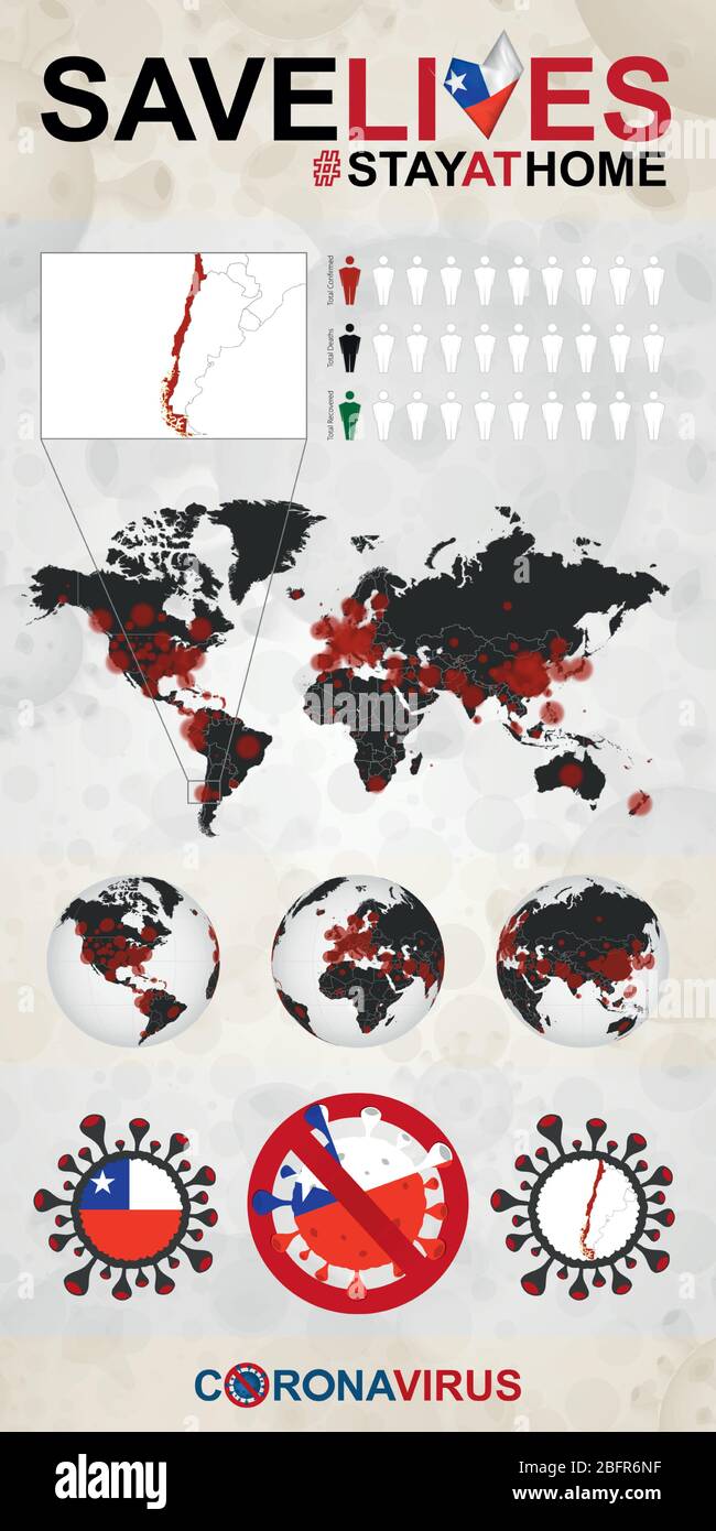 Infografica sul Coronavirus in Cile - soggiorno a casa, salvare vite. Chile Flag and Map, Mappa del mondo con casi COVID-19. Illustrazione Vettoriale