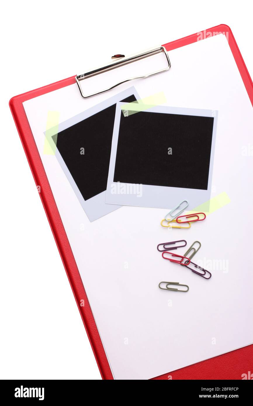 Carta fotografica e cartella con carta isolata su bianco Foto Stock