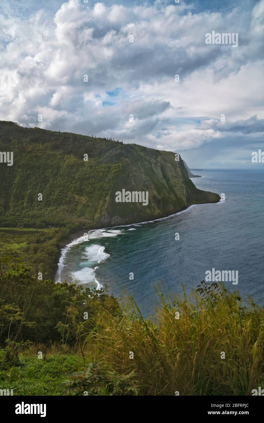 Le pause del sole pomeridiane e le nuvole tempeste passano sopra la Valle di Waipio con questa vista mozzafiato lungo la Costa di Hamakua sulla Grande Isola delle Hawaii. Foto Stock