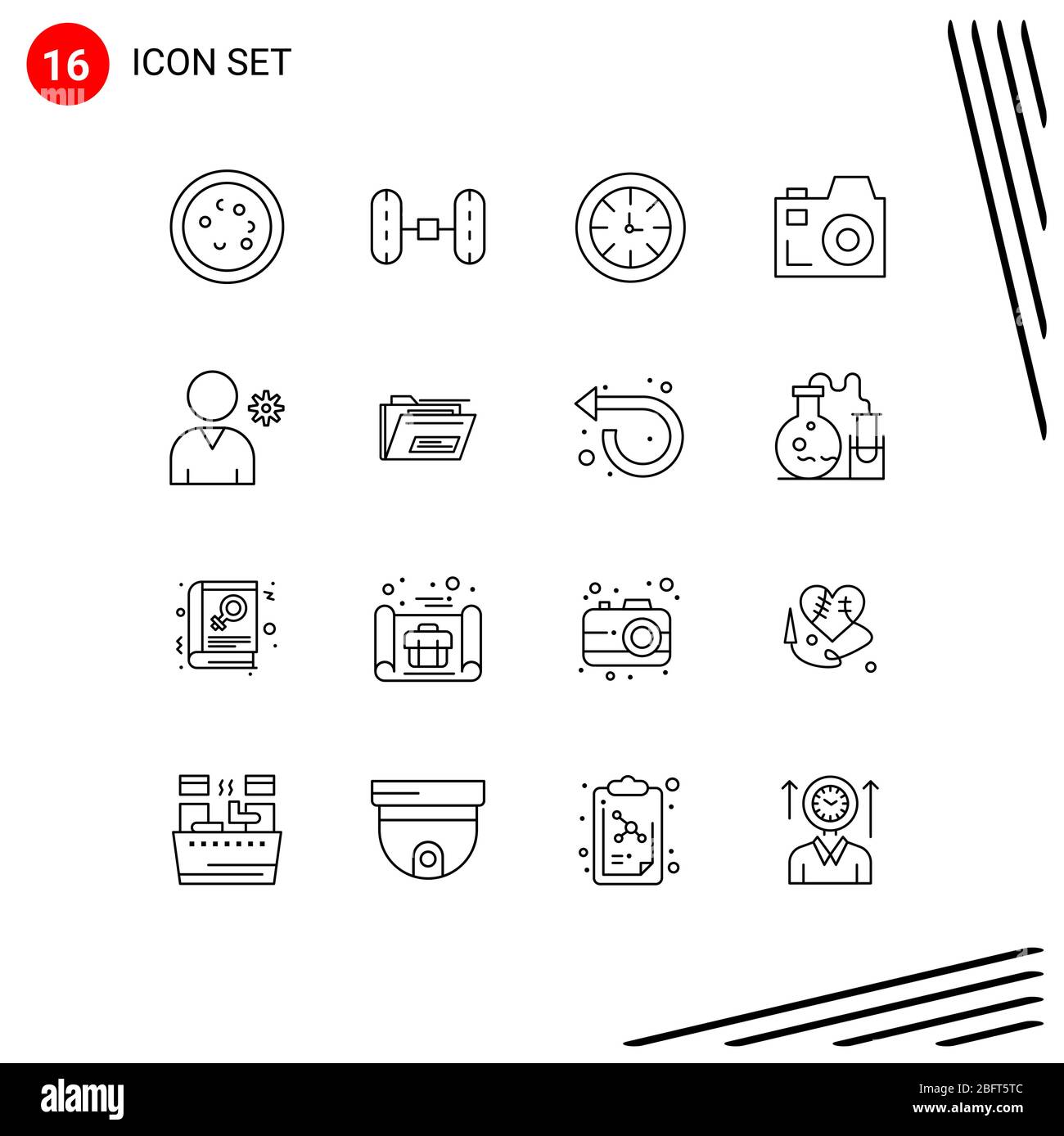 Set di 16 Commercial Outlines Pack per utente, controlli, orologio, contenuti multimediali, elementi di progettazione vettoriale per la modifica di fotocamere Illustrazione Vettoriale