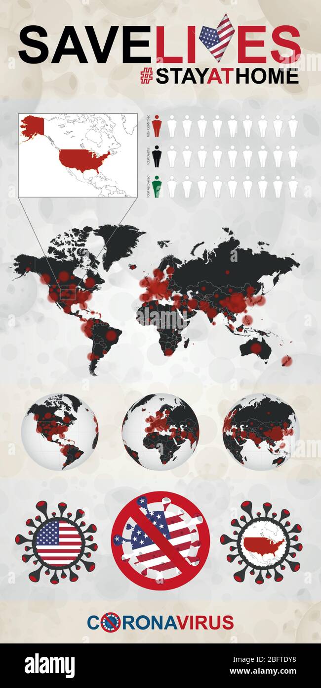 Infografica su Coronavirus negli Stati Uniti - soggiorno a casa, salvare vite. USA Flag and Map, Mappa del mondo con casi COVID-19. Illustrazione Vettoriale