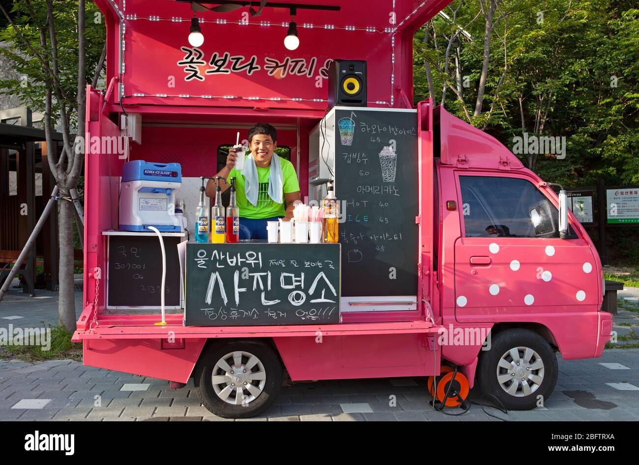 Uomo, 32 anni, vende bevande fatte in casa da un autobus, Seoraksan National Park, Gangwon-do, Corea del Sud Foto Stock