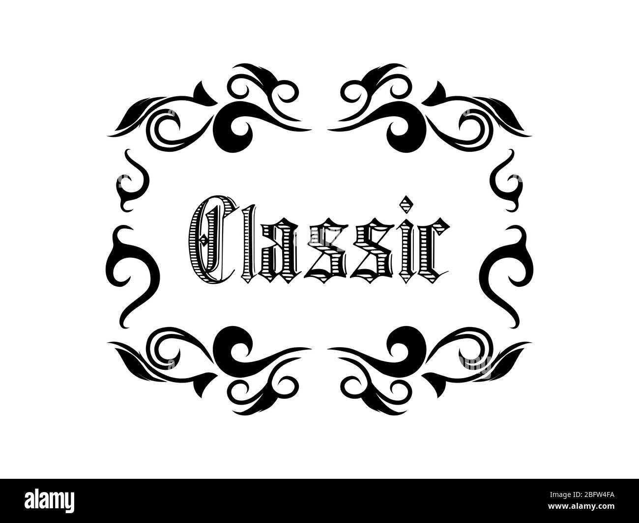 Modello di design vintage con testo classico. Elemento di design per il design calligrafico. Foto Stock