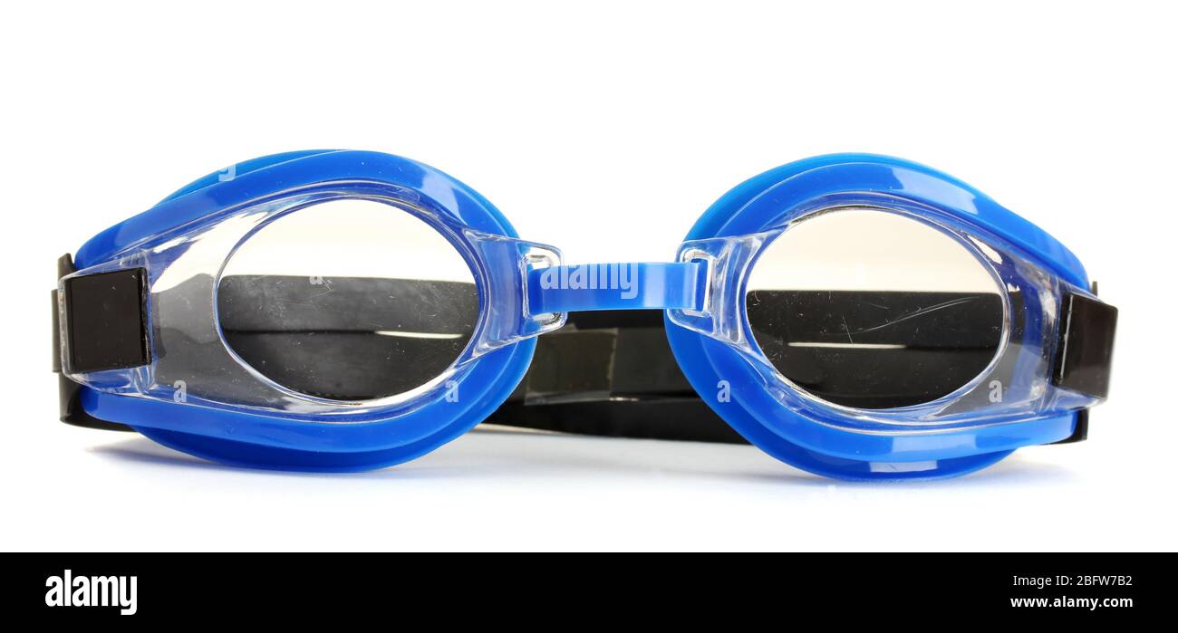occhiali da bagno blu isolati su bianco Foto Stock