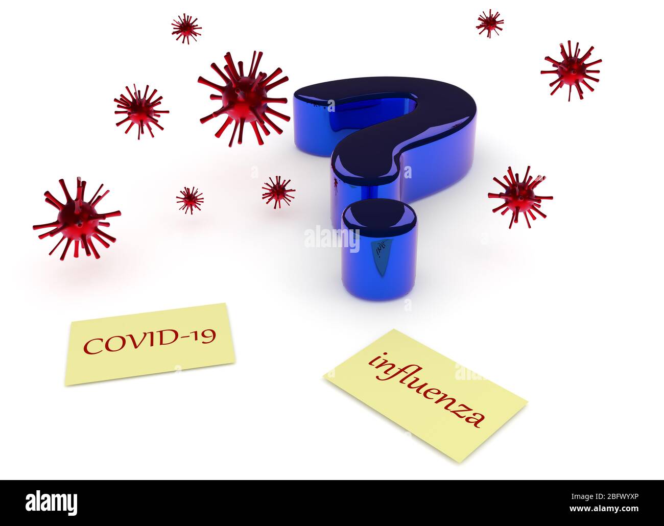Grande punto interrogativo blu, icone virali e note adesive con le parole covid-19 e influenza Foto Stock