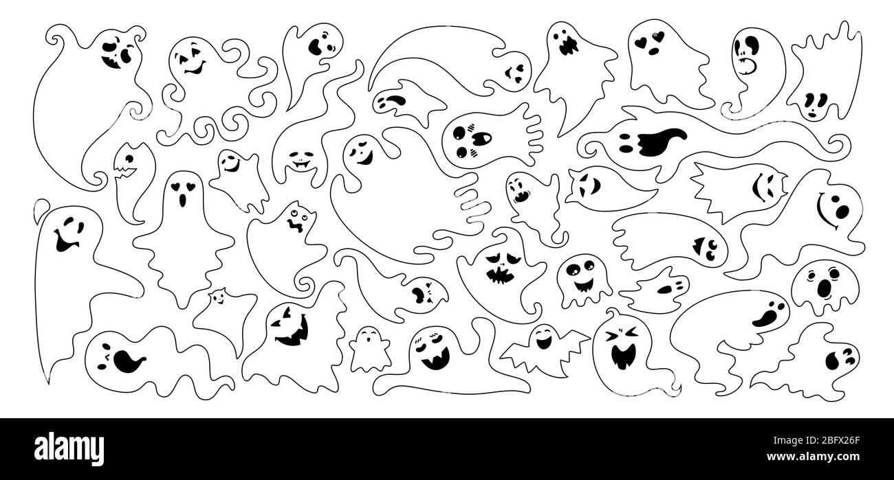 Set di silhouette Ghost Flat Black. Semplice collezione di Halloween simpatici e spaventosi mostri fantasma. Delineare un divertente personaggio divertente e divertente. Fantasmi monocromatici lineari. Illustrazione del vettore di contorno Illustrazione Vettoriale