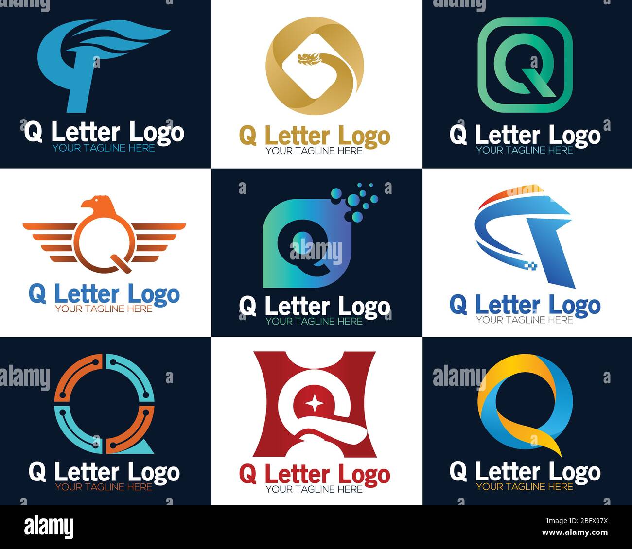 Logo di rete con tecnologia Q letter elegante.modello di logo lettera Q. Icona lettera Q. Logo Technology Smart. Illustrazione Vettoriale