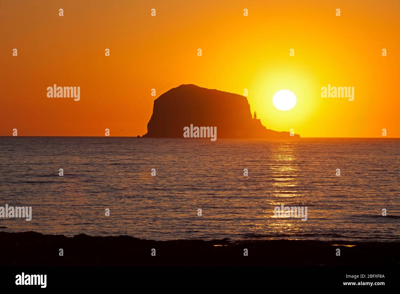 Bass Rock, Sunrise, North Berwick, East Lothian, Scozia, Regno Unito. 20 aprile 2020. Splendida scena subito dopo l'alba, quando il sole apparve da dietro il Bass Rock, Regno Unito. Temperatura 3 gradi poco o nessun vento. Un po' di calma mentre la minaccia del Coronavirus incombe ancora. Berwick nord mare Foto Stock