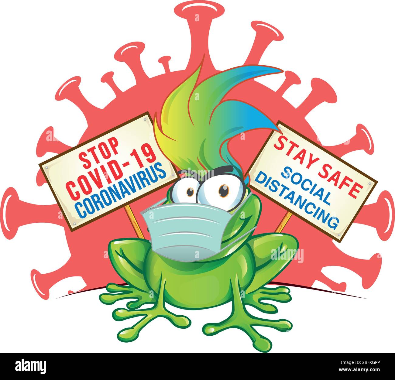 cartoon con maschera su cartello contro il coronavirus Illustrazione Vettoriale