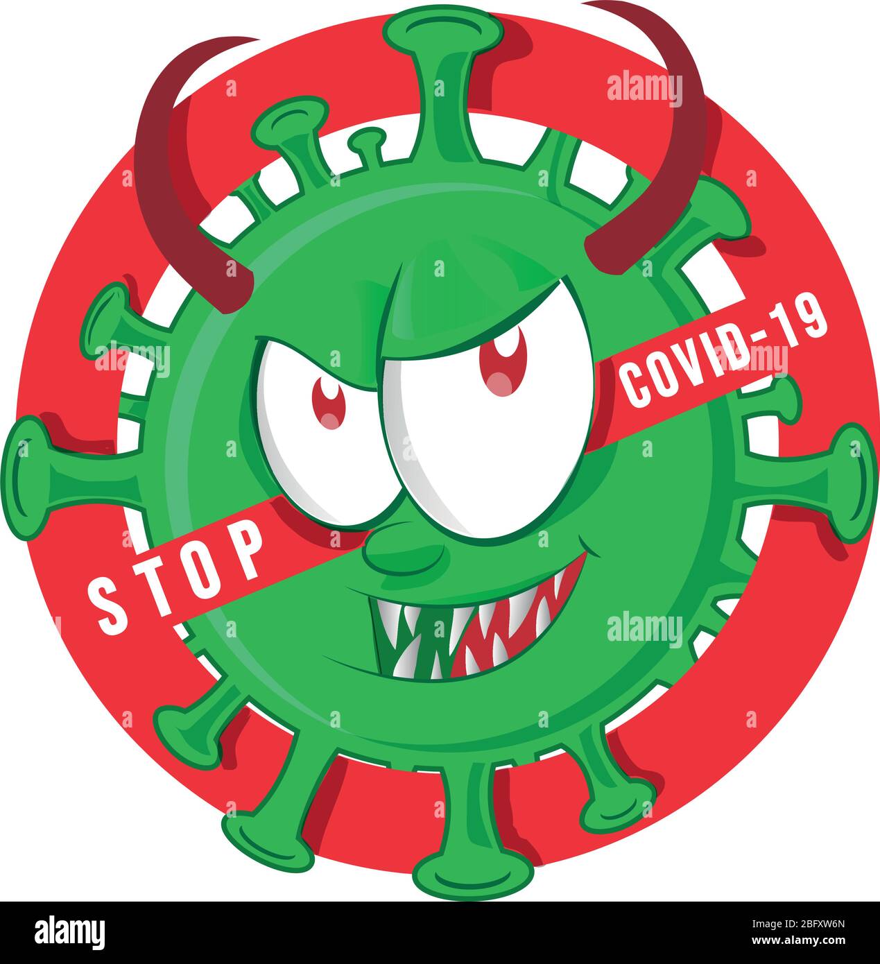Stop male coronavirus personaggio cartone animato su segnale non consentito Illustrazione Vettoriale