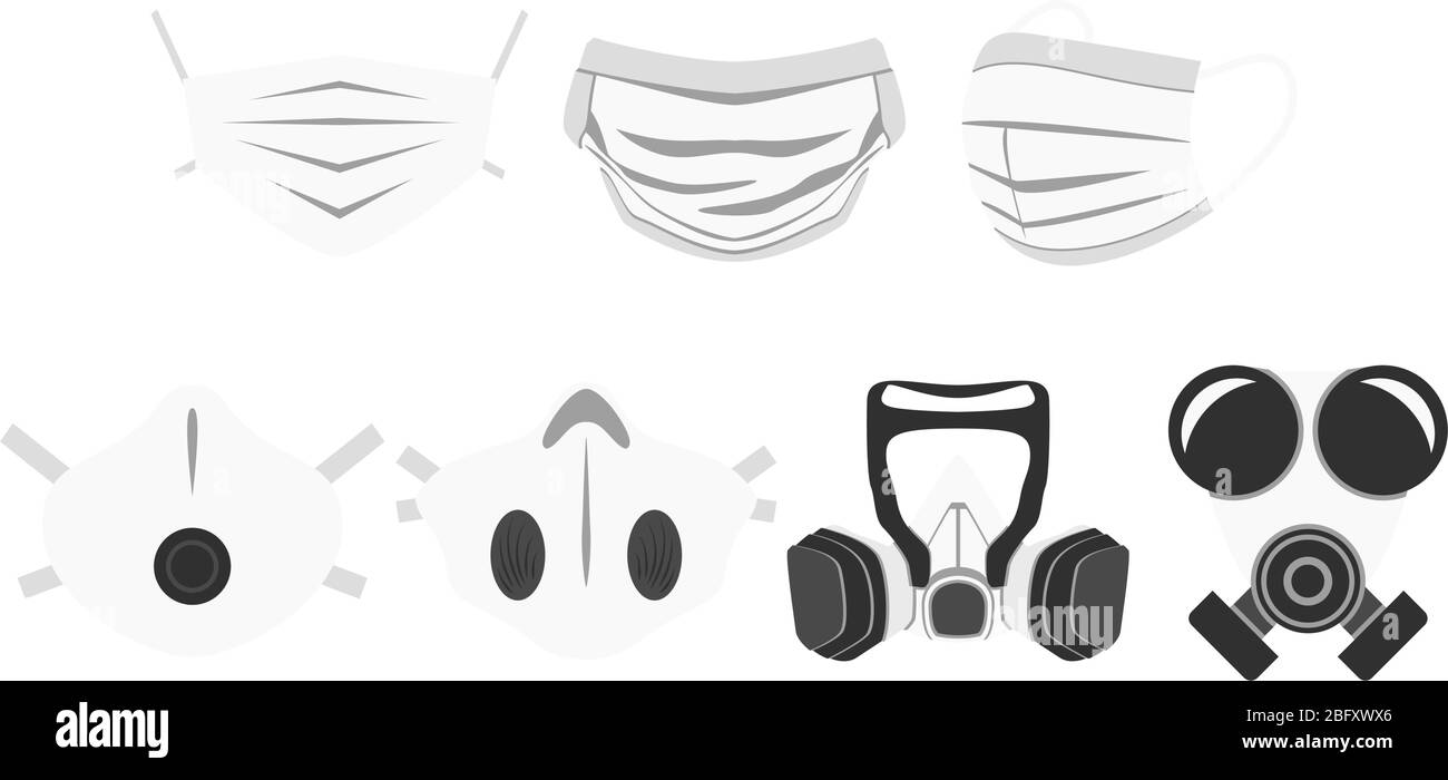 Un insieme grafico di respiratori utilizzati nei cantieri edili o negli ospedali. Le maschere tengono fuori tutti i virus, batteri e inquinanti. Illustrazione Vettoriale