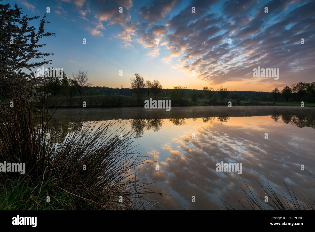 riflessione simmetrica della nuvola nell'acqua all'umore del mattino Foto Stock