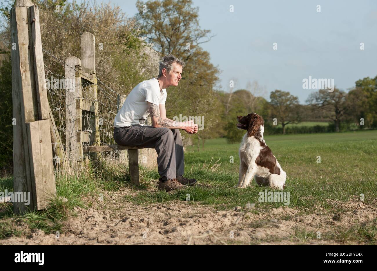 L'uomo con il suo cane Foto Stock