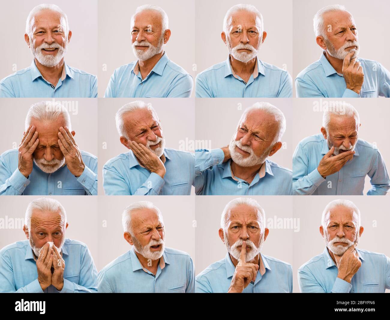 Collage di ritratti di persone anziane con una varietà di espressioni facciali. Foto Stock