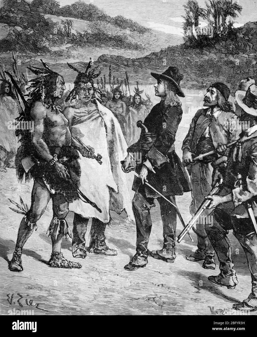 Cavelier de la Salle, alias René-Robert Cavelier, Sieur de la Salle (1643-1697) French Explorer & Fur Trader in Nord America, incontro dei nativi americani che propongono una pipe di Pace. La Salle era nota per esplorare la regione dei grandi Laghi, il fiume Ohio, il fiume Mississippi e il Golfo del Messico. Vintage o Old Illustration o Engraving 1889 Foto Stock