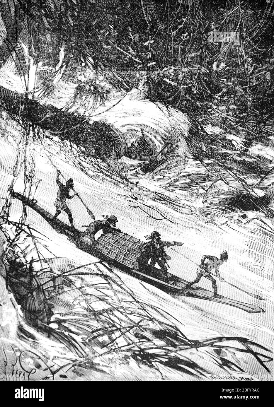 Francis Garnier (1839-1873), ufficiale militare francese, esploratore e capo della Commissione esplorativa del Mekong, Riding Rapids del fiume Mekong. Vintage o Old Illustration o Engraving 1890. Foto Stock