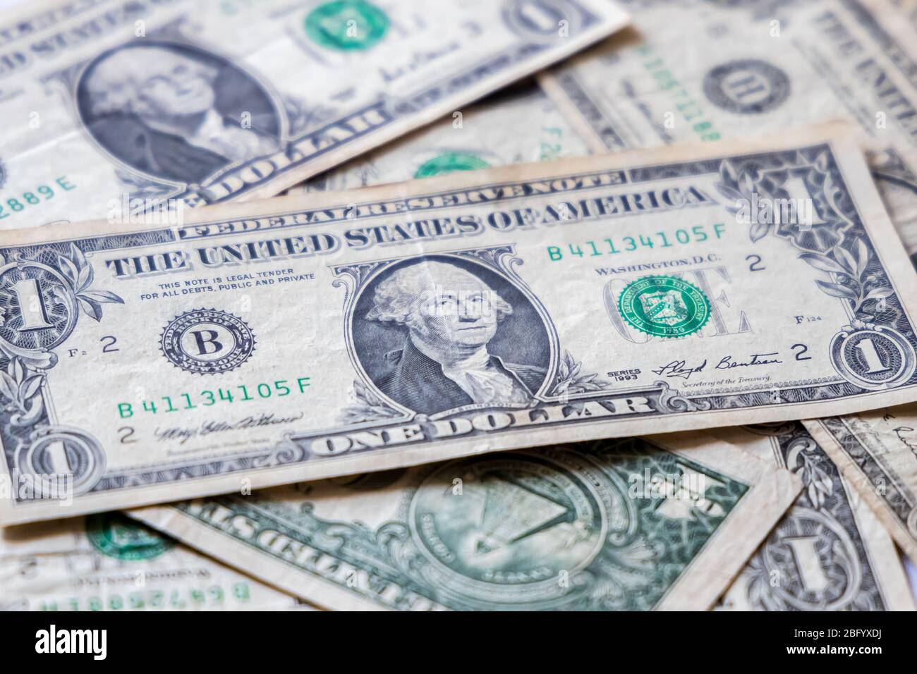 Primo piano US 1 Dollar Currency Bank Notes. Focus selettivo Foto Stock