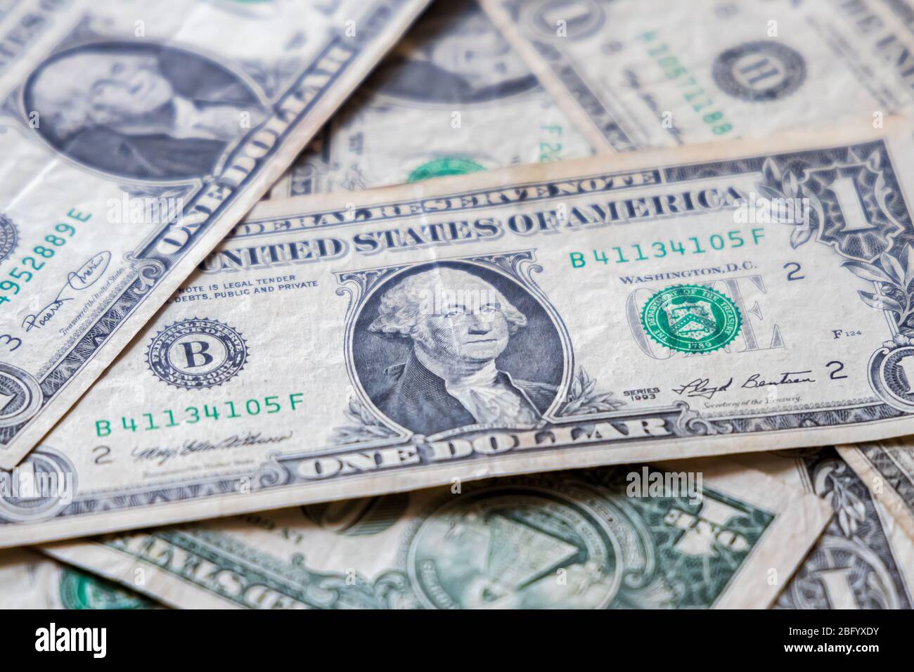 Primo piano US 1 Dollar Currency Bank Notes. Focus selettivo Foto Stock