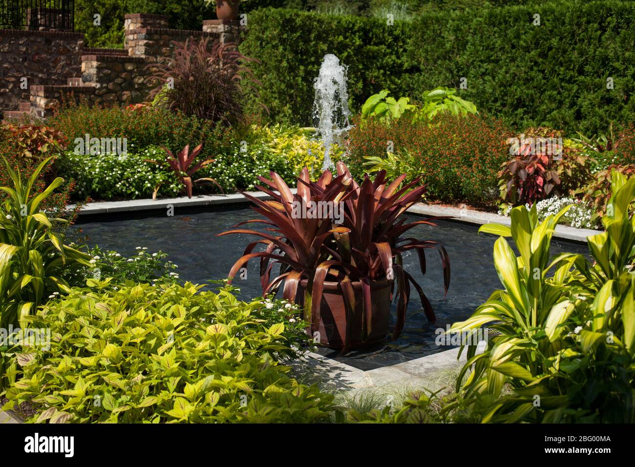 Vista orizzontale di una piccola fontana circondata da piante, Longwood Gardens, Chester County, Pennsylvania Foto Stock