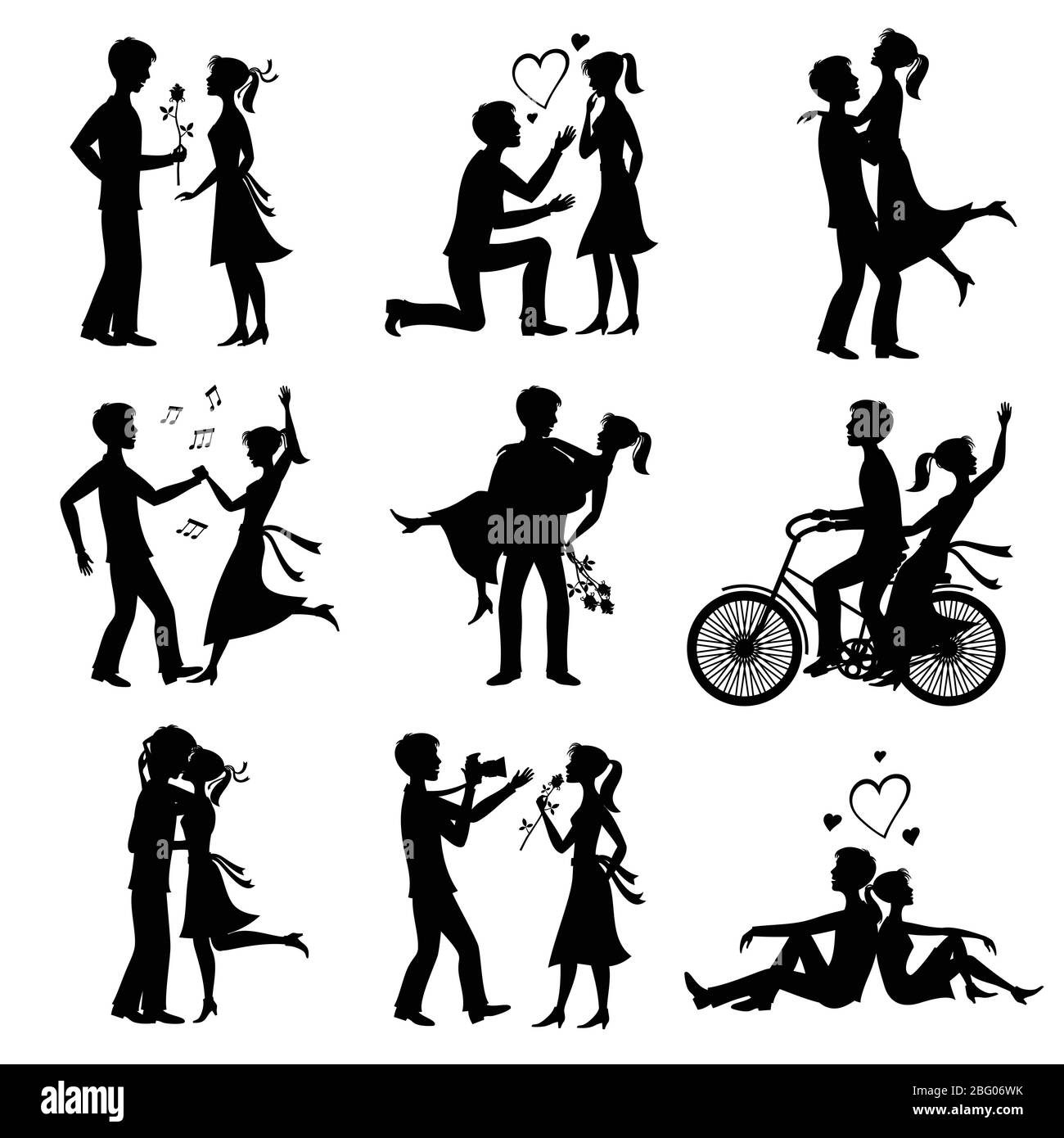 Coppie felici in amore sposato sposato sposo e sposo silhouette nero vettore. Sposa e sposo nero, moglie e marito, donna e uomo di nozze illustrati Illustrazione Vettoriale