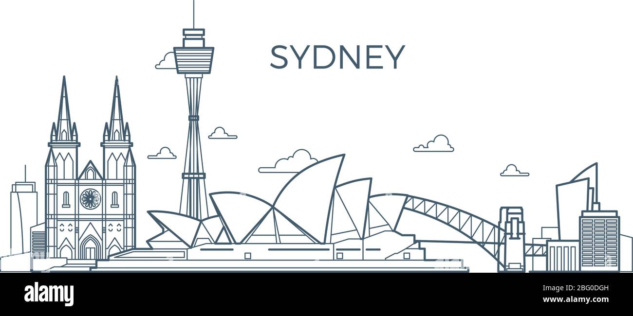 Skyline della città di Sydney con edifici e luoghi di interesse architettonico. Australia, punto di riferimento del vettore di viaggio mondiale. Architettura skyline sydney città illustra Illustrazione Vettoriale