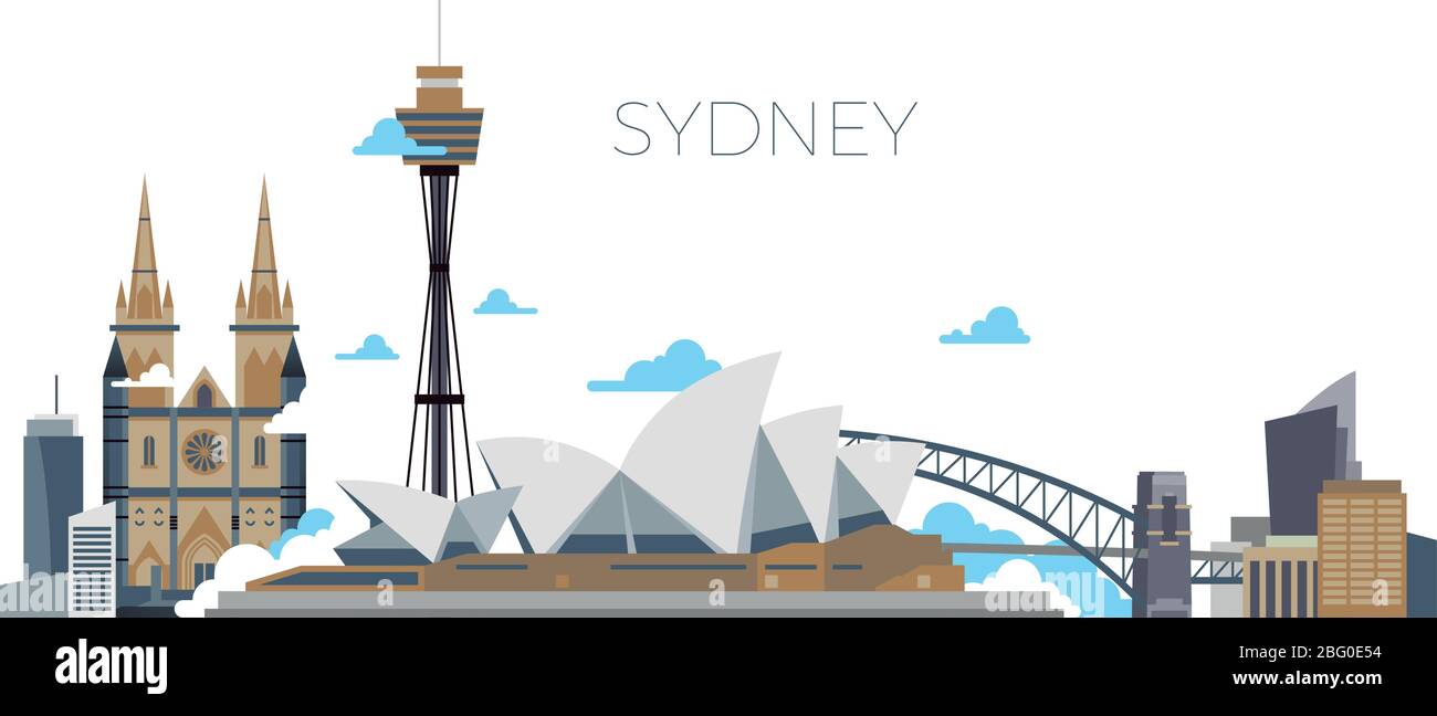 Panorama vettoriale della città di Sydney. Australia punto di riferimento del viaggio in stile piatto. Città di sydney, architettura punto di riferimento panorama illustrazione Illustrazione Vettoriale