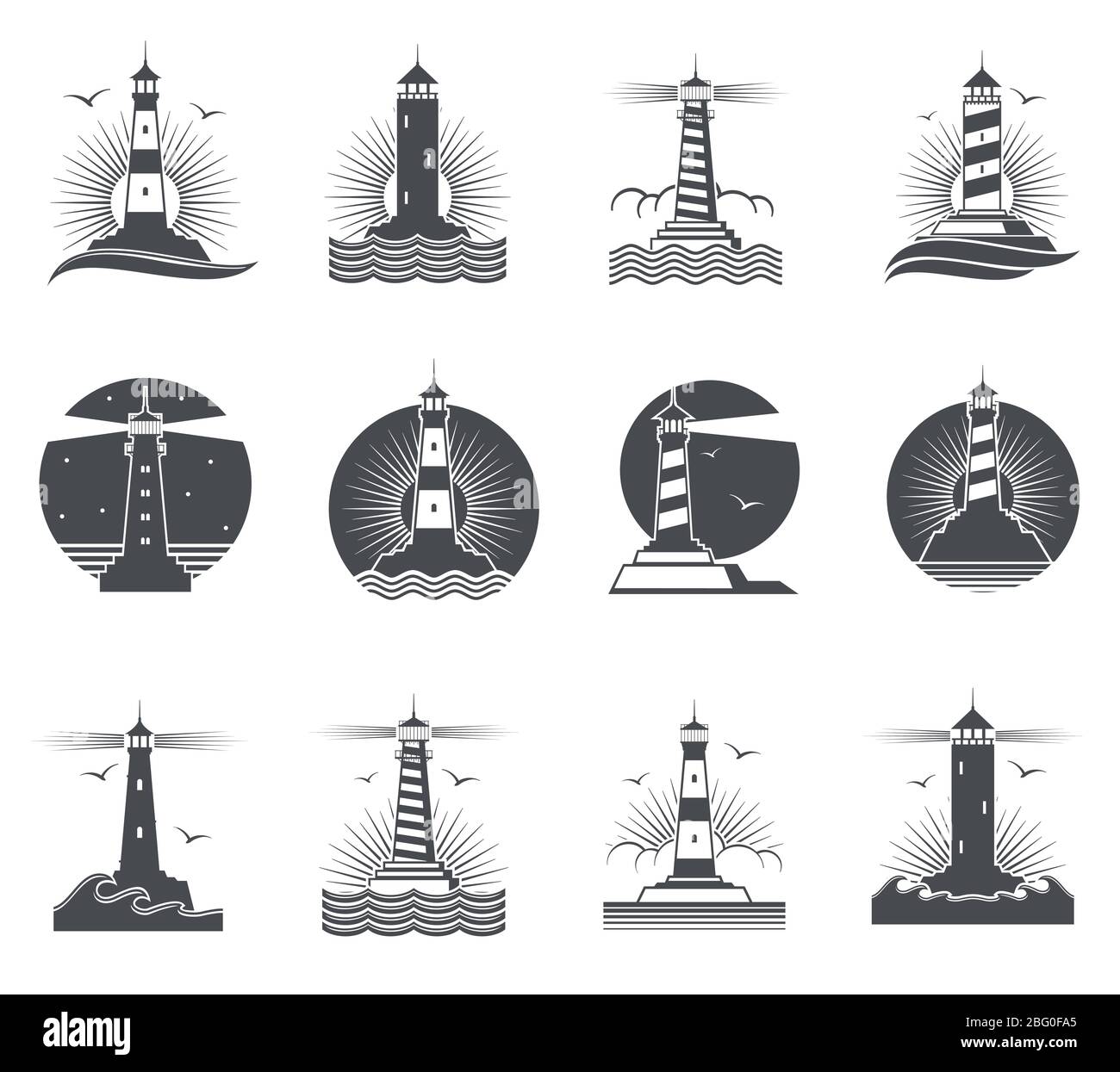 Lighthouse vettoriale marina vintage etichette. Fari e onde oceaniche retro nautica loghi set. Faro e faro rotante edificio in mare illustrazione Illustrazione Vettoriale